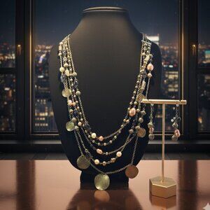 Premier Designs Brushed Gold w/Pearls layered necklace & Earring Set